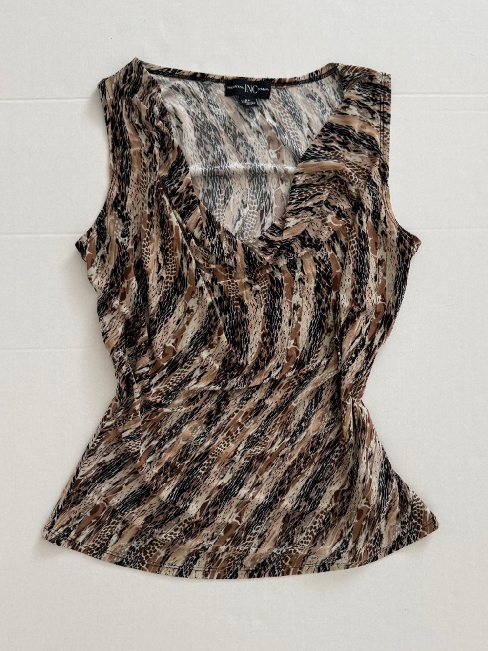 Vintage Sleeveless Cowl Neck Top in Brown Print